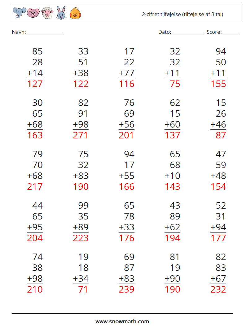 (25) 2-cifret tilføjelse (tilføjelse af 3 tal) Matematiske regneark 7 Spørgsmål, svar