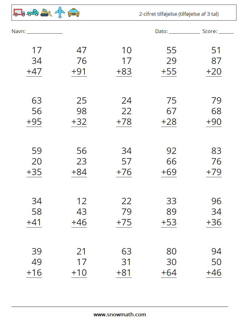 (25) 2-cifret tilføjelse (tilføjelse af 3 tal) Matematiske regneark 8