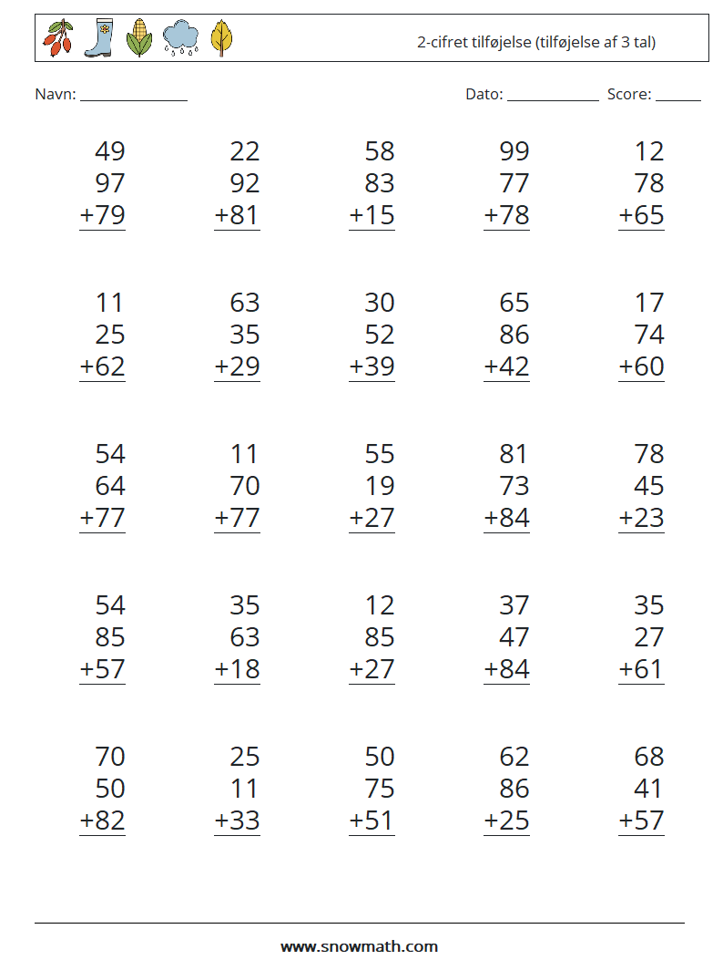 (25) 2-cifret tilføjelse (tilføjelse af 3 tal) Matematiske regneark 9