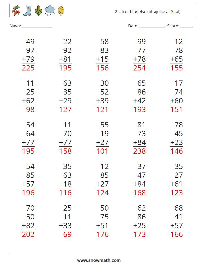 (25) 2-cifret tilføjelse (tilføjelse af 3 tal) Matematiske regneark 9 Spørgsmål, svar