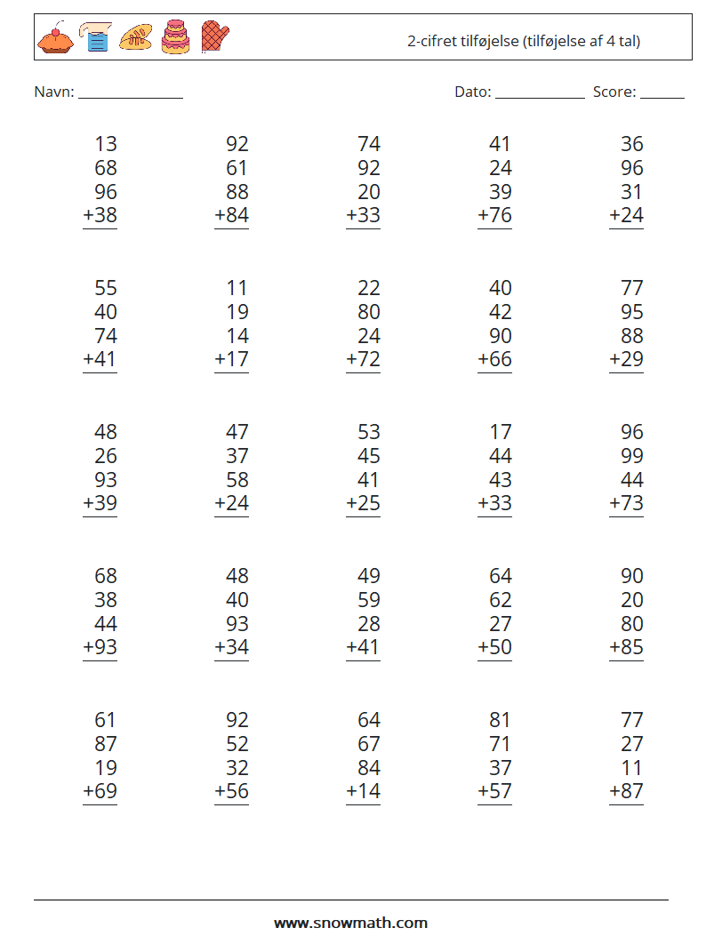 (25) 2-cifret tilføjelse (tilføjelse af 4 tal) Matematiske regneark 1