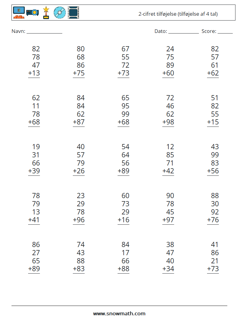 (25) 2-cifret tilføjelse (tilføjelse af 4 tal) Matematiske regneark 10