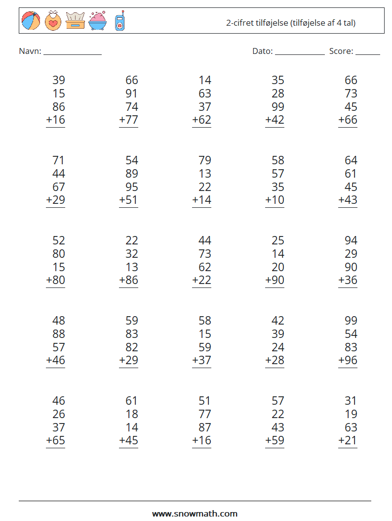 (25) 2-cifret tilføjelse (tilføjelse af 4 tal) Matematiske regneark 11