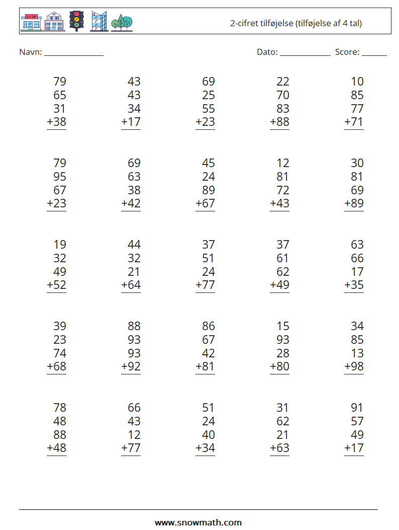 (25) 2-cifret tilføjelse (tilføjelse af 4 tal) Matematiske regneark 12