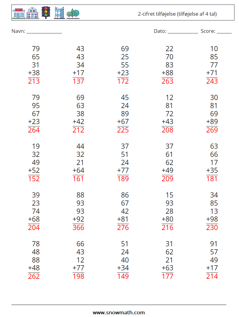 (25) 2-cifret tilføjelse (tilføjelse af 4 tal) Matematiske regneark 12 Spørgsmål, svar