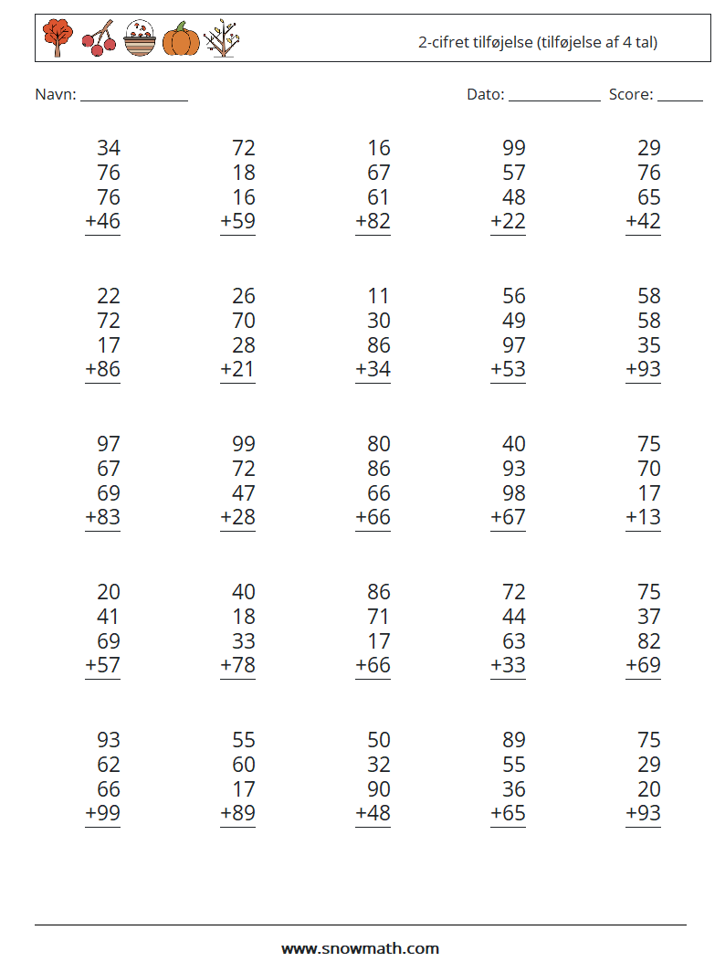 (25) 2-cifret tilføjelse (tilføjelse af 4 tal) Matematiske regneark 13