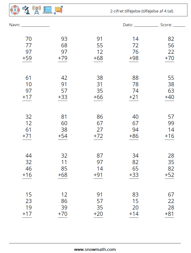 (25) 2-cifret tilføjelse (tilføjelse af 4 tal) Matematiske regneark 14