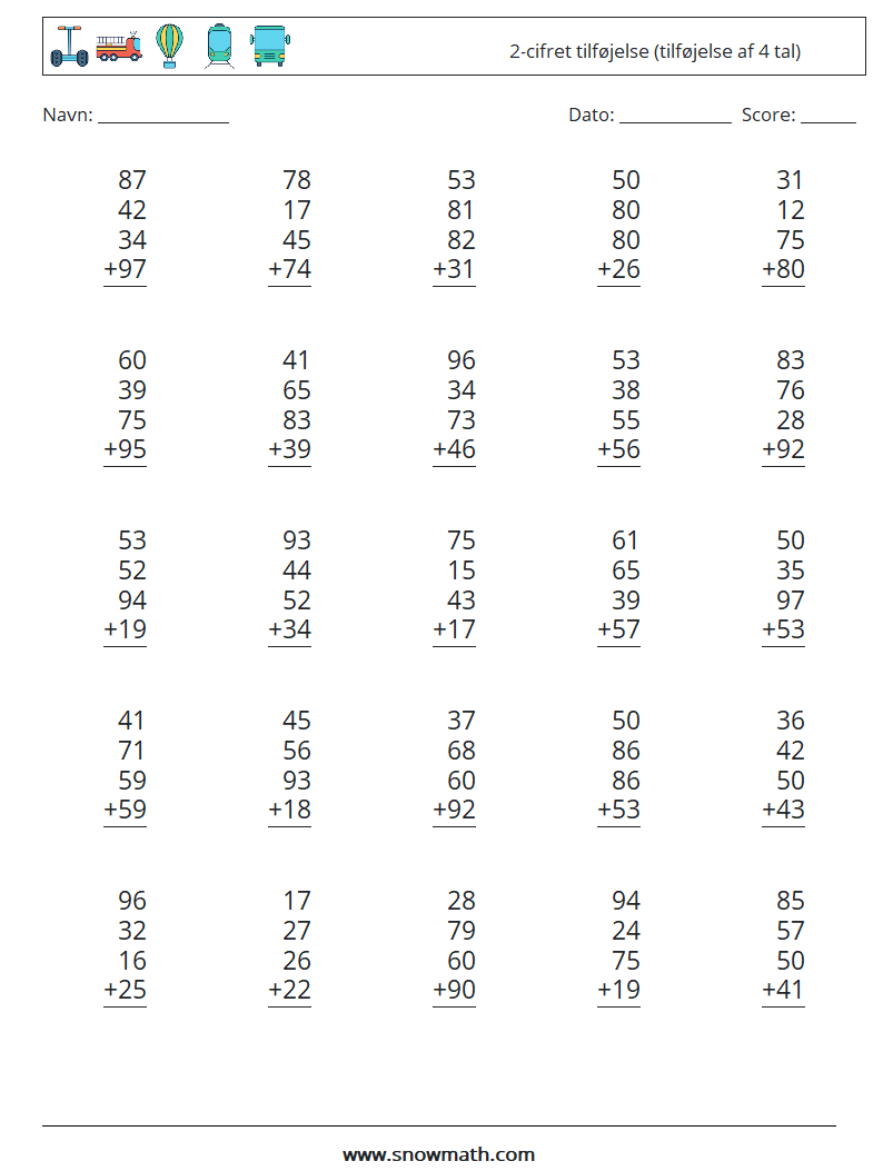 (25) 2-cifret tilføjelse (tilføjelse af 4 tal) Matematiske regneark 15