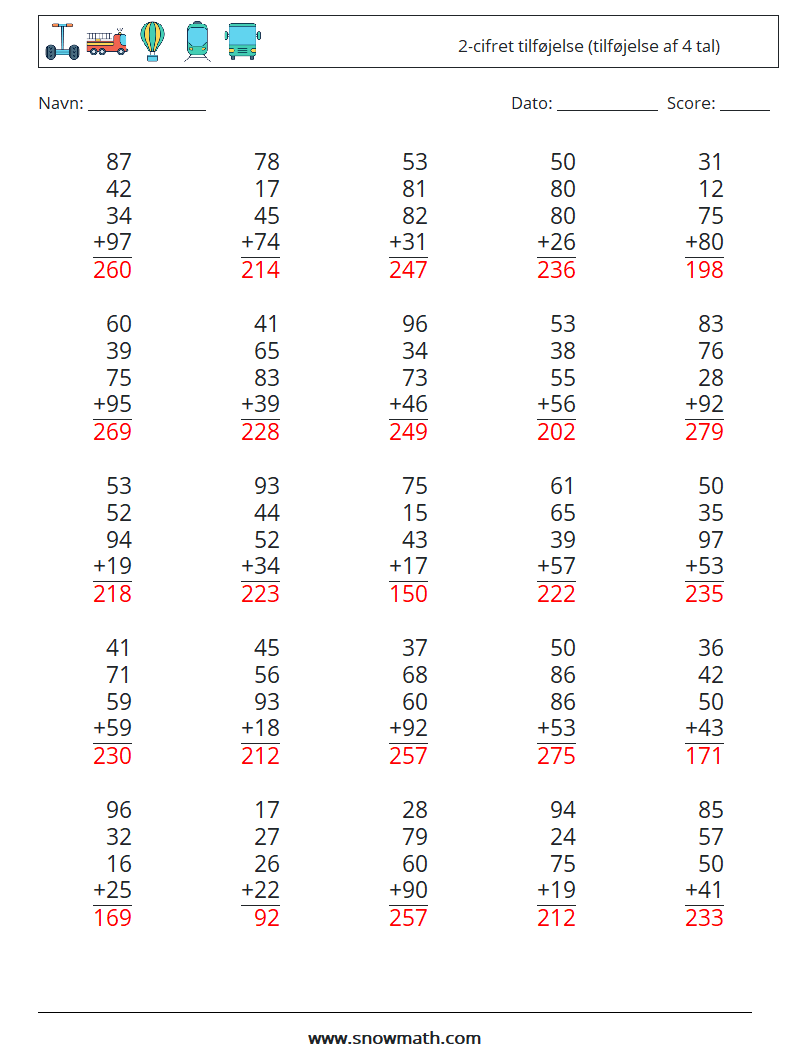 (25) 2-cifret tilføjelse (tilføjelse af 4 tal) Matematiske regneark 15 Spørgsmål, svar