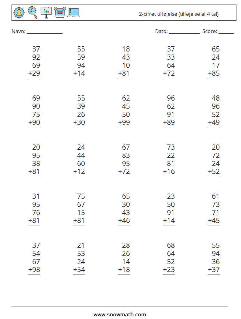 (25) 2-cifret tilføjelse (tilføjelse af 4 tal) Matematiske regneark 16