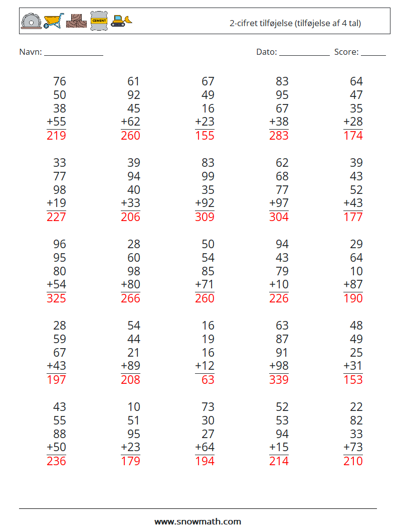 (25) 2-cifret tilføjelse (tilføjelse af 4 tal) Matematiske regneark 17 Spørgsmål, svar