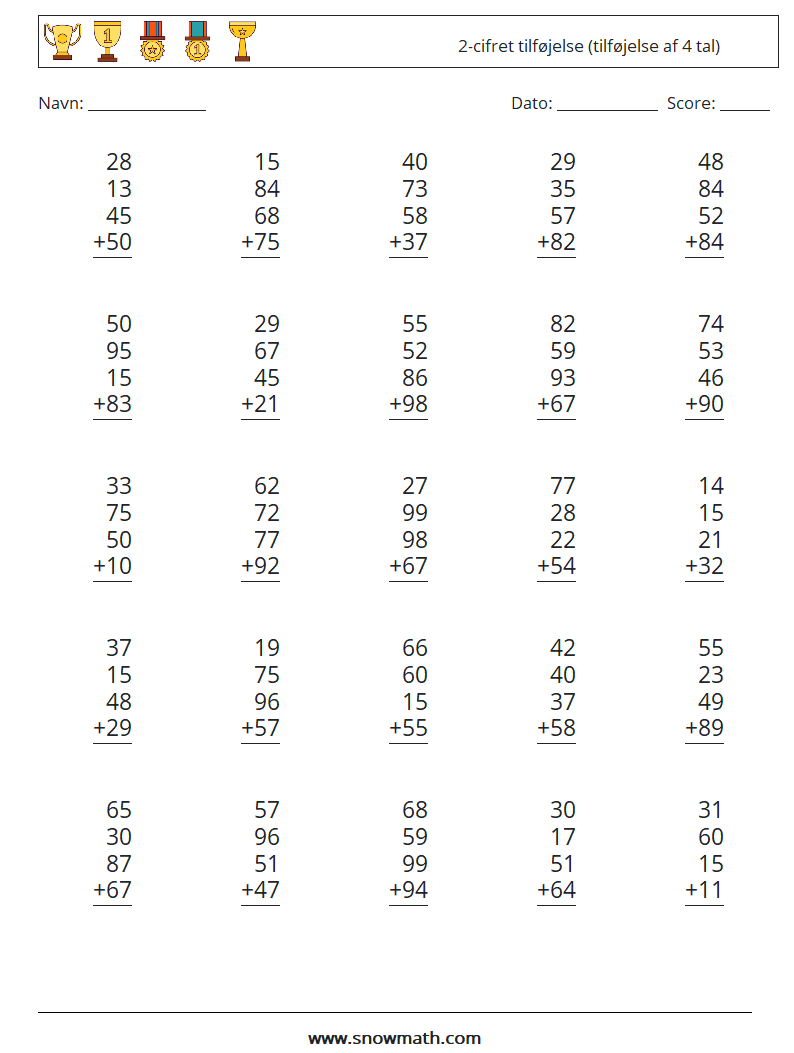 (25) 2-cifret tilføjelse (tilføjelse af 4 tal) Matematiske regneark 18