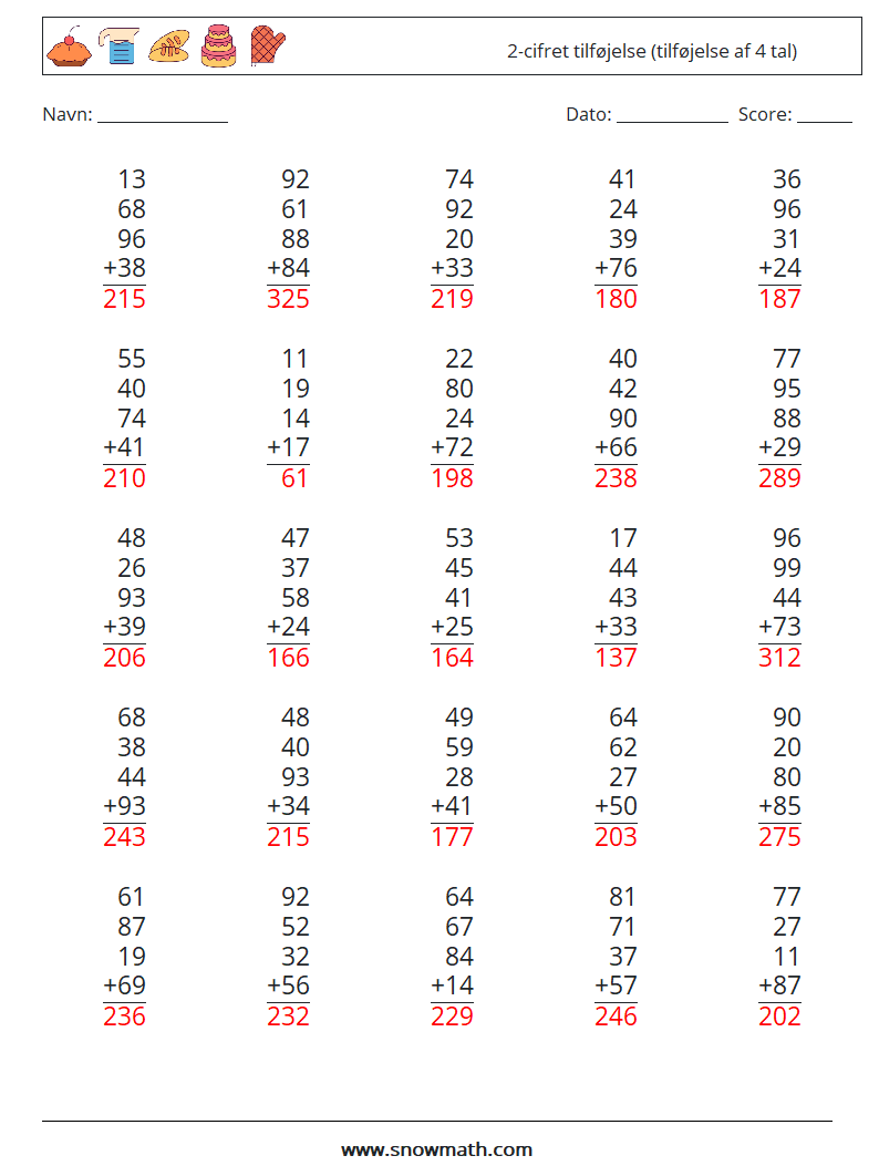 (25) 2-cifret tilføjelse (tilføjelse af 4 tal) Matematiske regneark 1 Spørgsmål, svar