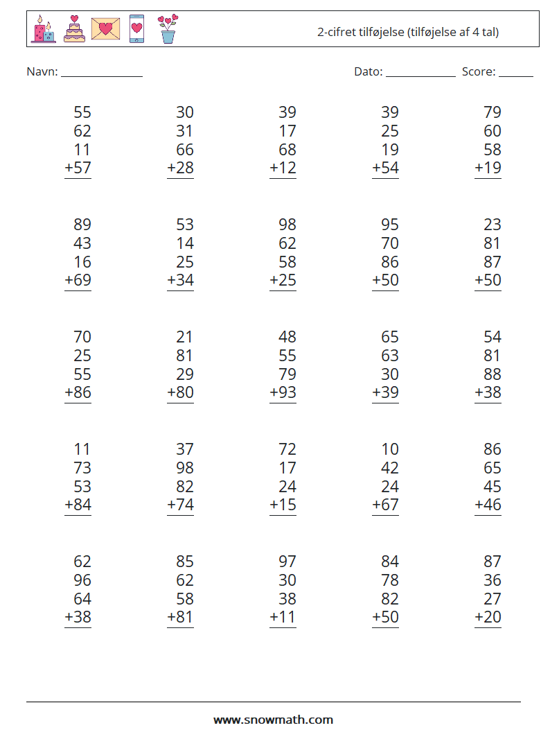 (25) 2-cifret tilføjelse (tilføjelse af 4 tal) Matematiske regneark 2