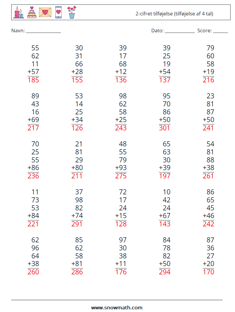 (25) 2-cifret tilføjelse (tilføjelse af 4 tal) Matematiske regneark 2 Spørgsmål, svar