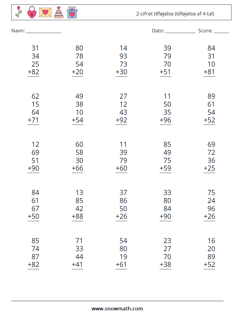 (25) 2-cifret tilføjelse (tilføjelse af 4 tal) Matematiske regneark 3