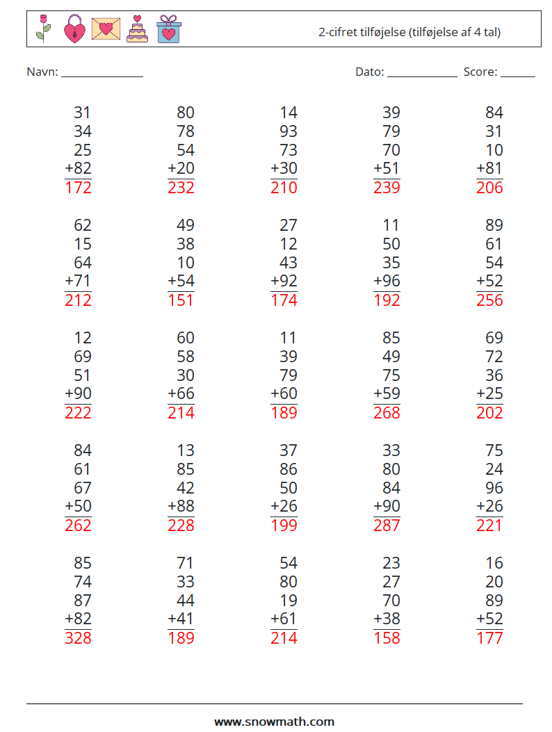 (25) 2-cifret tilføjelse (tilføjelse af 4 tal) Matematiske regneark 3 Spørgsmål, svar