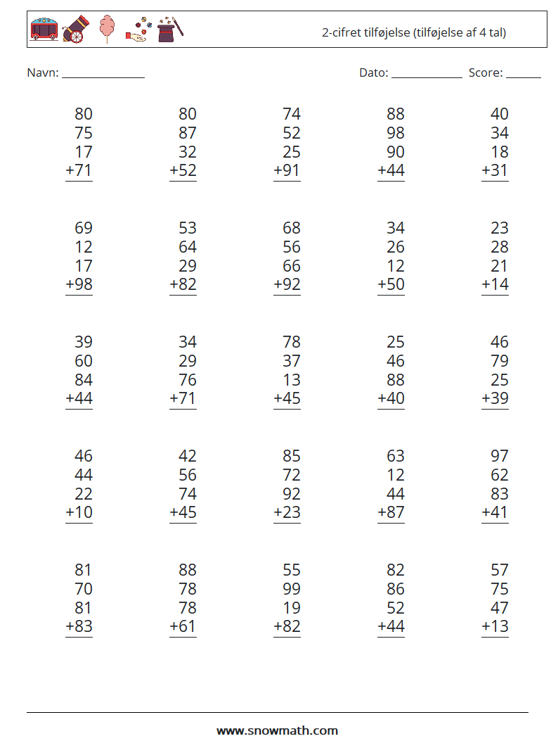 (25) 2-cifret tilføjelse (tilføjelse af 4 tal) Matematiske regneark 4