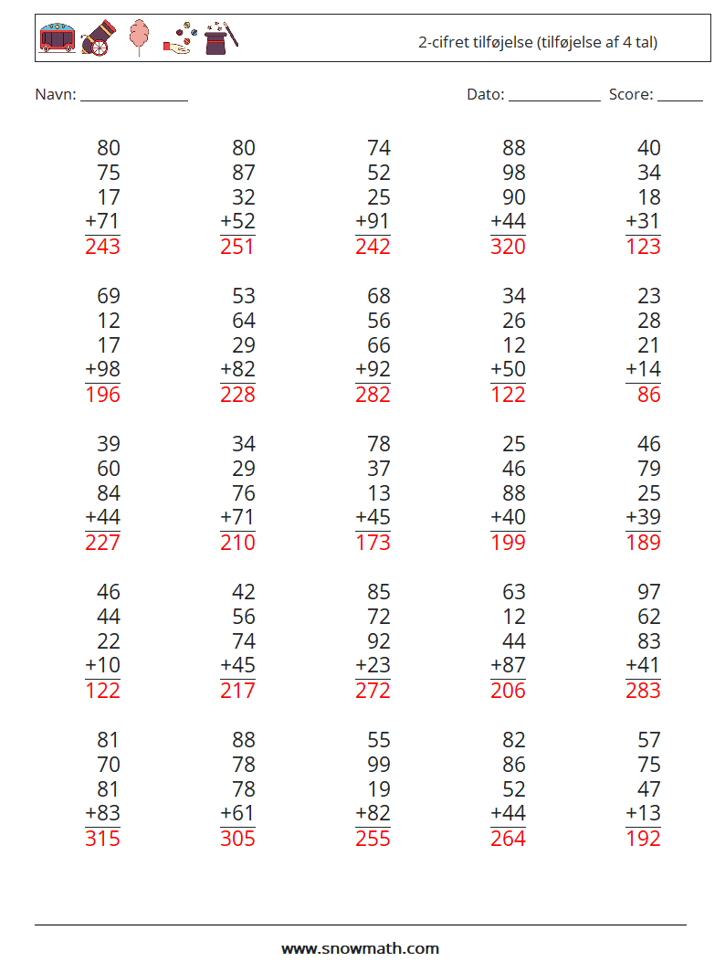 (25) 2-cifret tilføjelse (tilføjelse af 4 tal) Matematiske regneark 4 Spørgsmål, svar