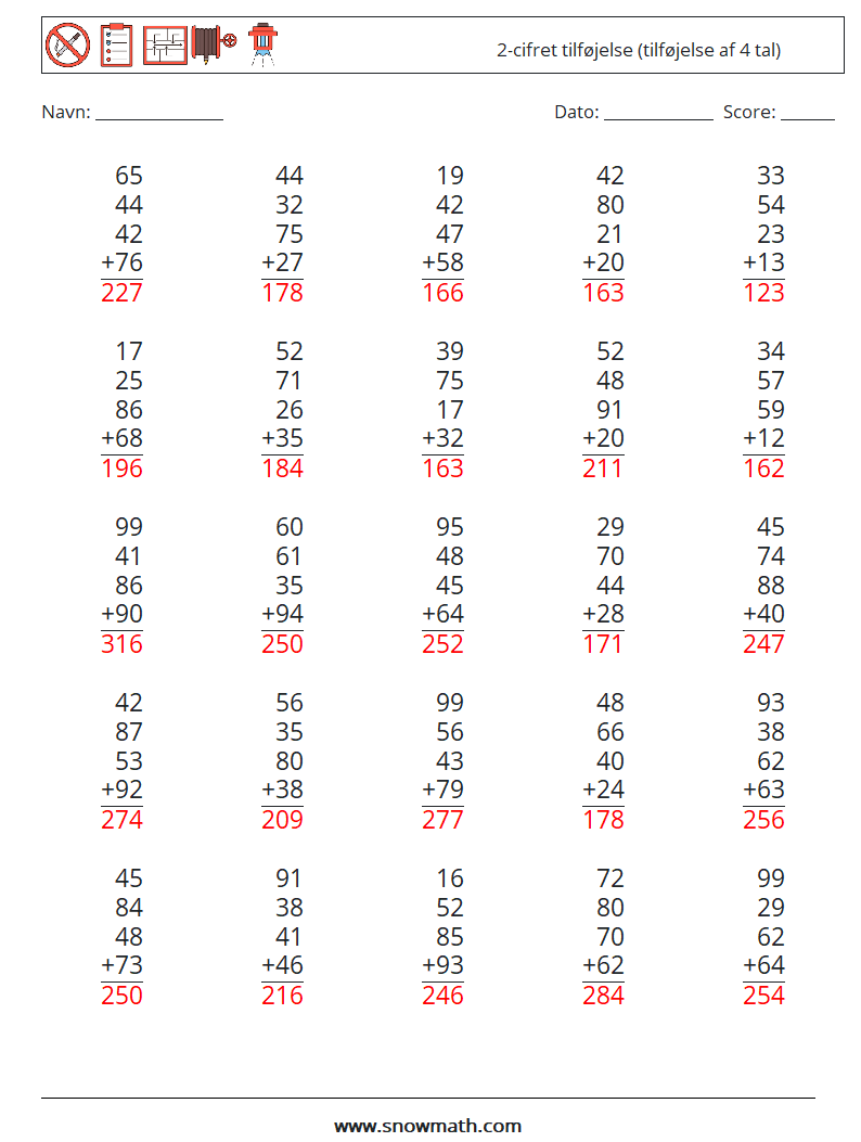 (25) 2-cifret tilføjelse (tilføjelse af 4 tal) Matematiske regneark 5 Spørgsmål, svar