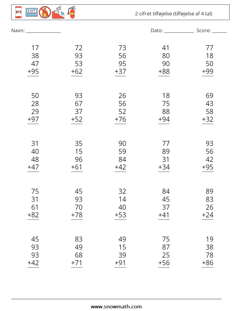 (25) 2-cifret tilføjelse (tilføjelse af 4 tal) Matematiske regneark 6