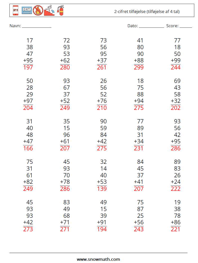 (25) 2-cifret tilføjelse (tilføjelse af 4 tal) Matematiske regneark 6 Spørgsmål, svar