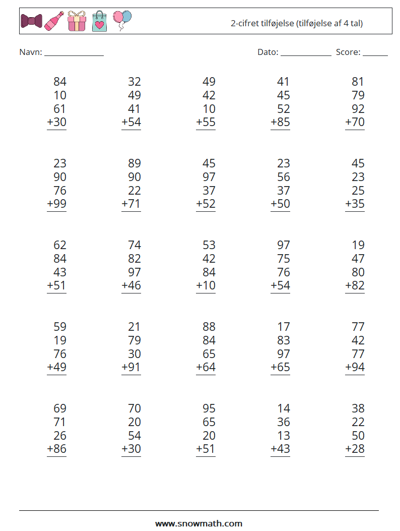 (25) 2-cifret tilføjelse (tilføjelse af 4 tal) Matematiske regneark 7