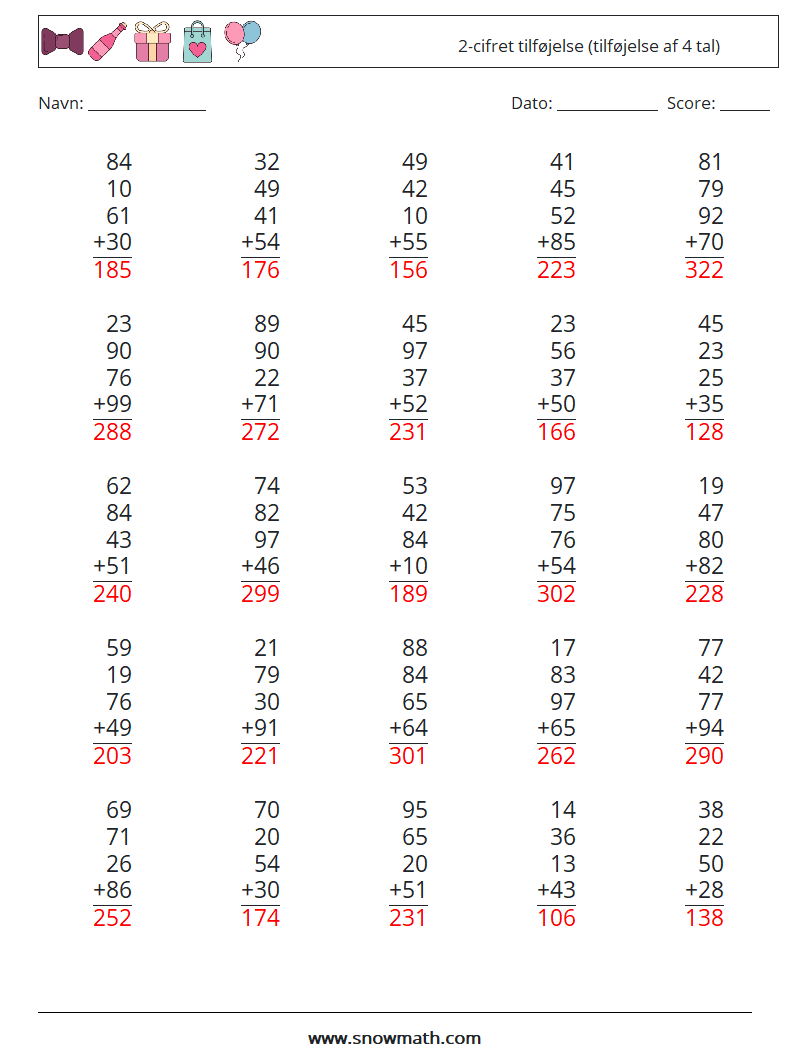 (25) 2-cifret tilføjelse (tilføjelse af 4 tal) Matematiske regneark 7 Spørgsmål, svar