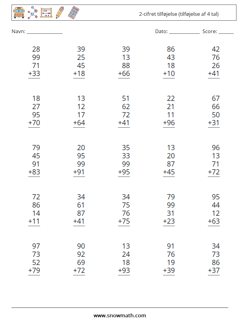 (25) 2-cifret tilføjelse (tilføjelse af 4 tal) Matematiske regneark 8