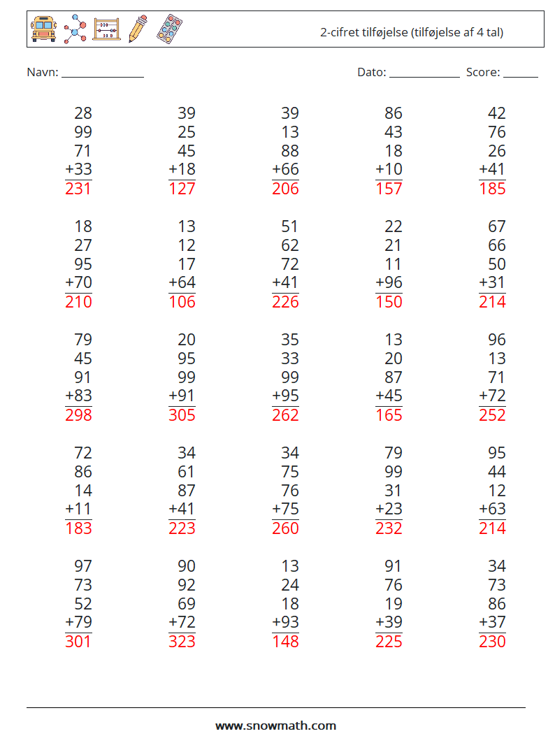 (25) 2-cifret tilføjelse (tilføjelse af 4 tal) Matematiske regneark 8 Spørgsmål, svar