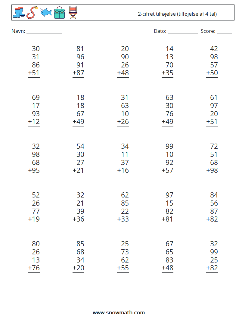 (25) 2-cifret tilføjelse (tilføjelse af 4 tal) Matematiske regneark 9