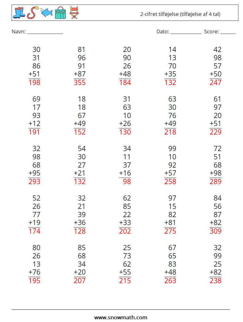 (25) 2-cifret tilføjelse (tilføjelse af 4 tal) Matematiske regneark 9 Spørgsmål, svar