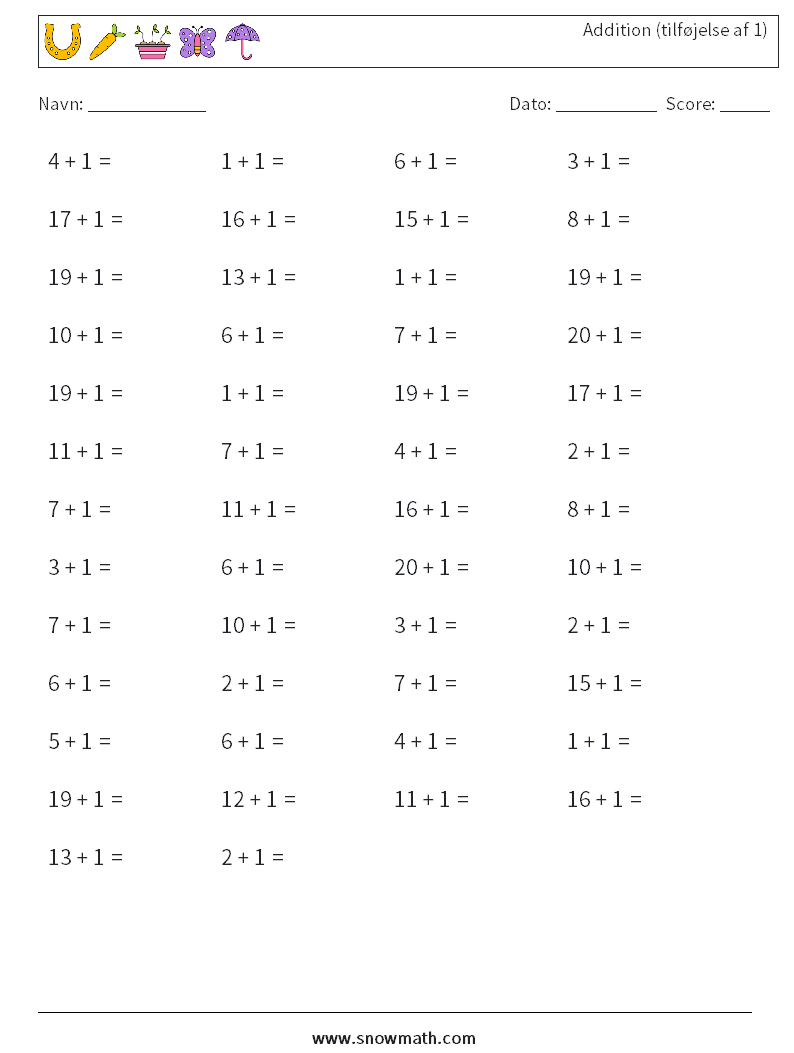 (50) Addition (tilføjelse af 1) Matematiske regneark 1