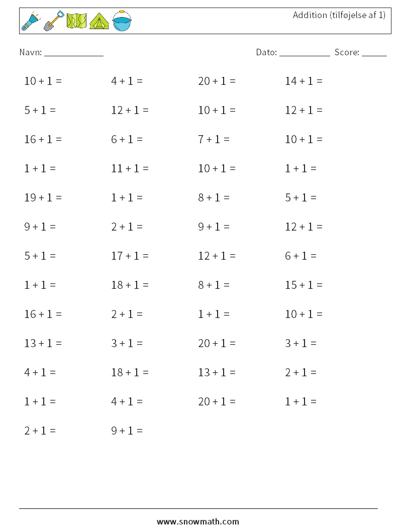 (50) Addition (tilføjelse af 1) Matematiske regneark 4