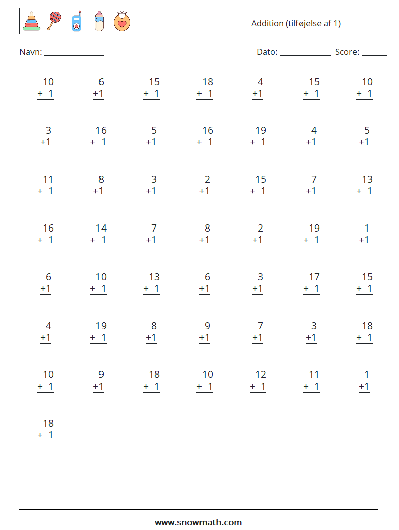 (50) Addition (tilføjelse af 1) Matematiske regneark 10