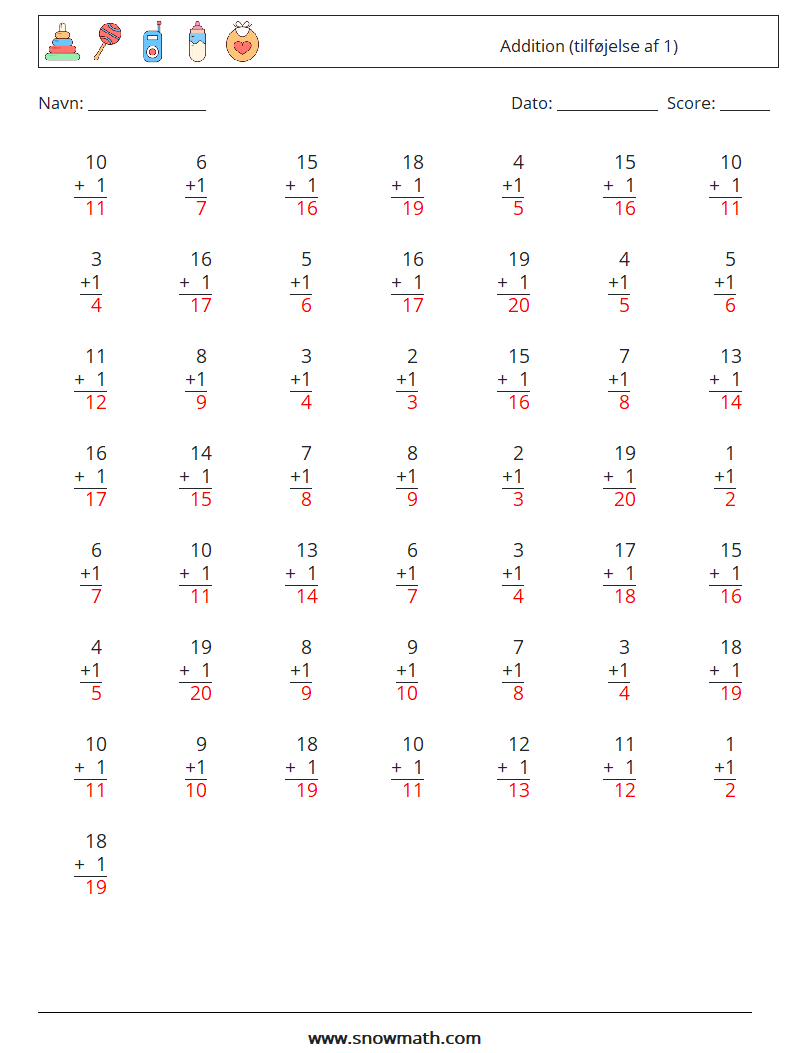 (50) Addition (tilføjelse af 1) Matematiske regneark 10 Spørgsmål, svar