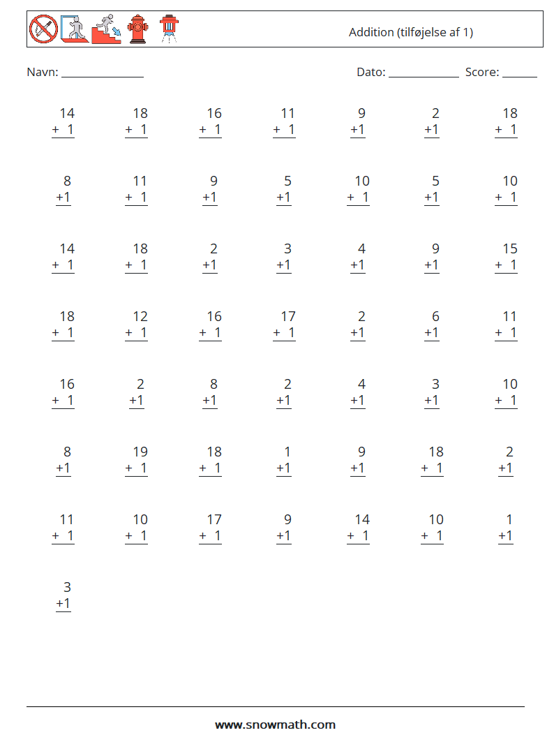 (50) Addition (tilføjelse af 1) Matematiske regneark 11