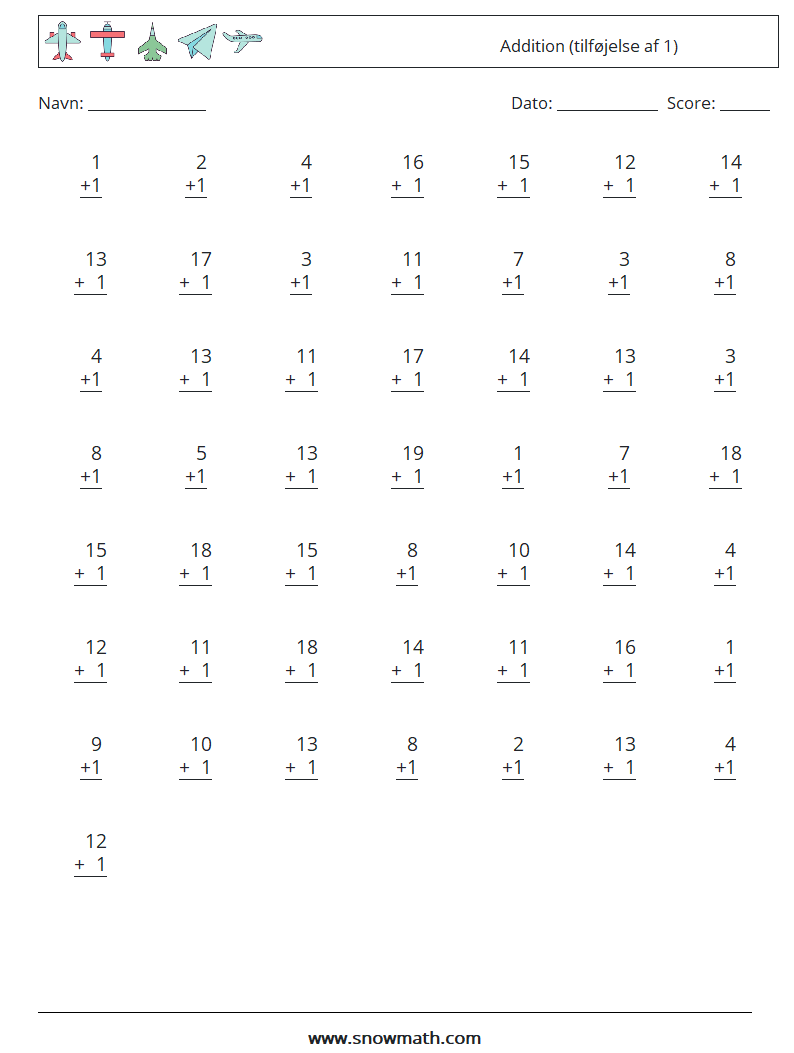 (50) Addition (tilføjelse af 1) Matematiske regneark 12