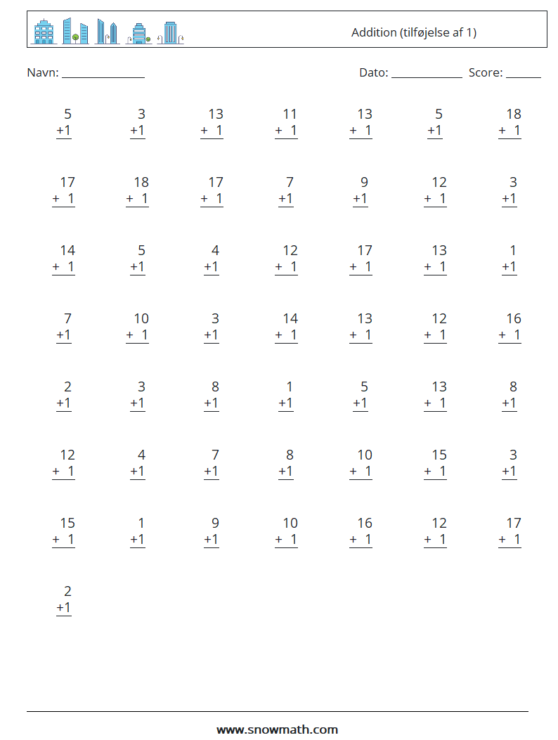 (50) Addition (tilføjelse af 1) Matematiske regneark 13