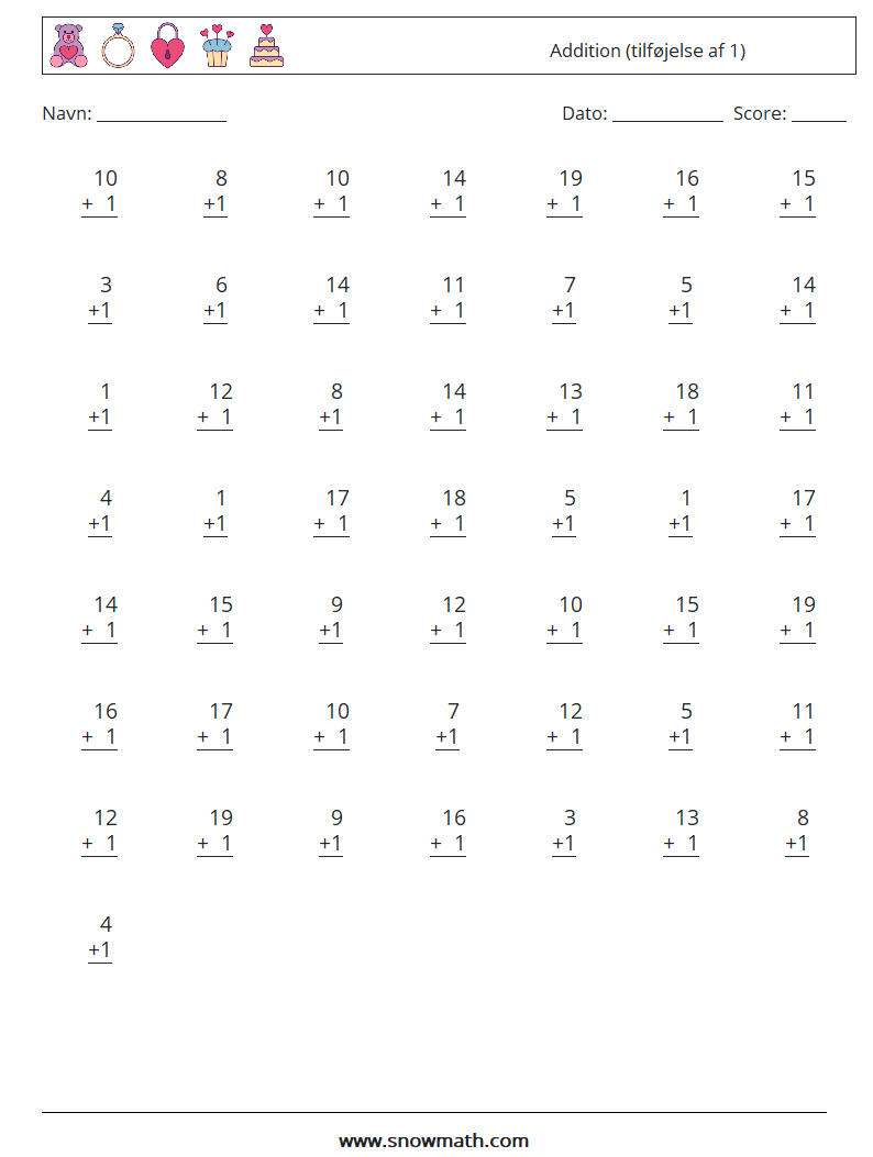 (50) Addition (tilføjelse af 1) Matematiske regneark 14