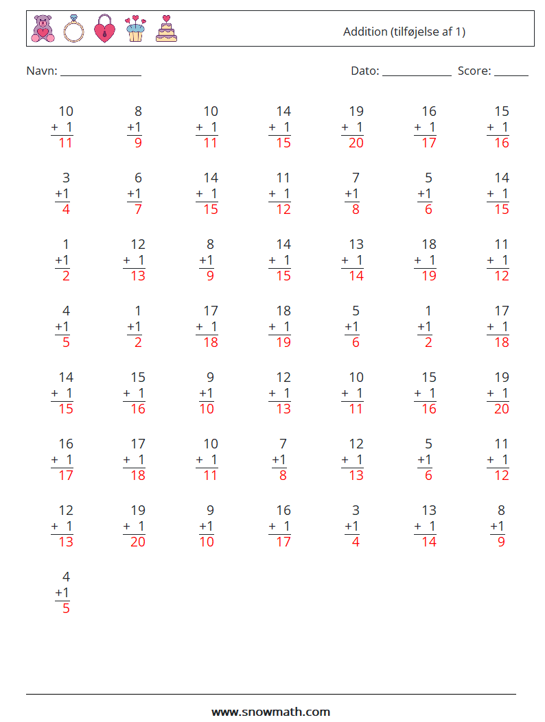 (50) Addition (tilføjelse af 1) Matematiske regneark 14 Spørgsmål, svar