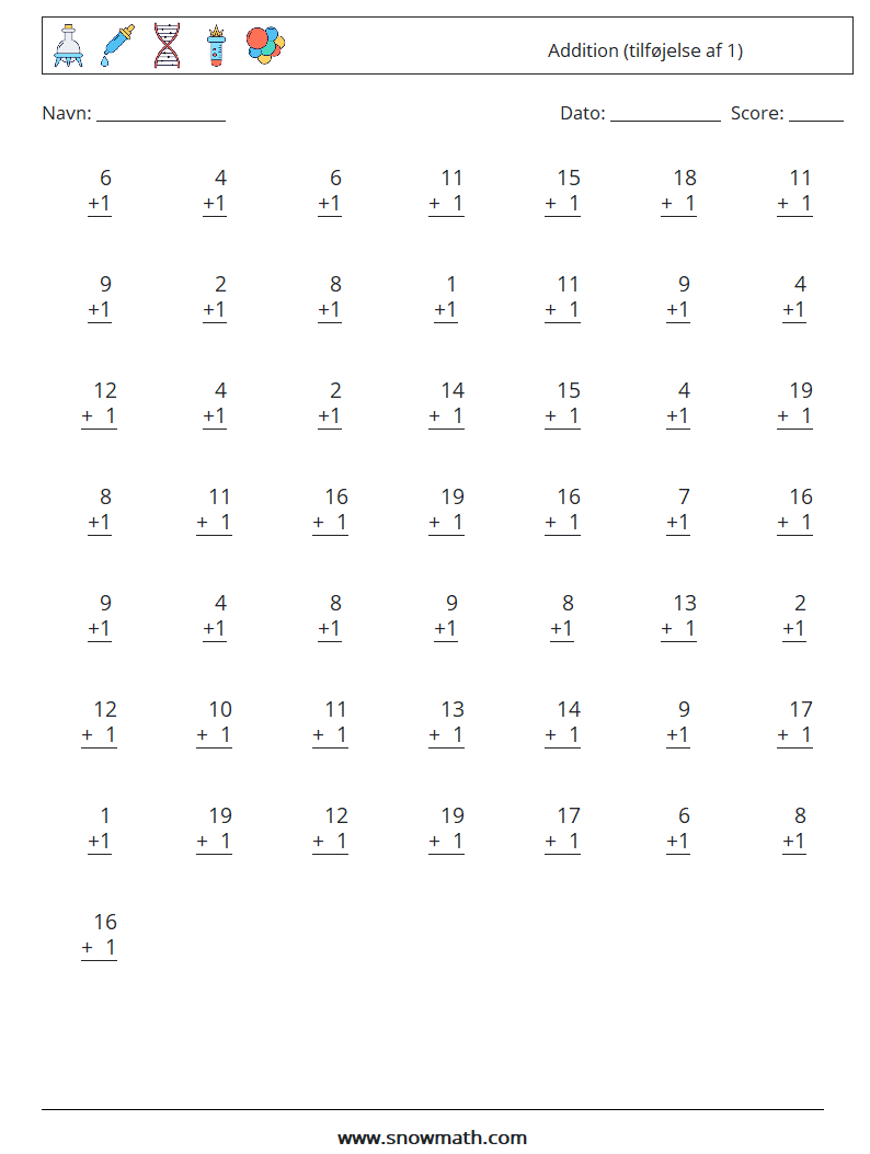 (50) Addition (tilføjelse af 1) Matematiske regneark 15