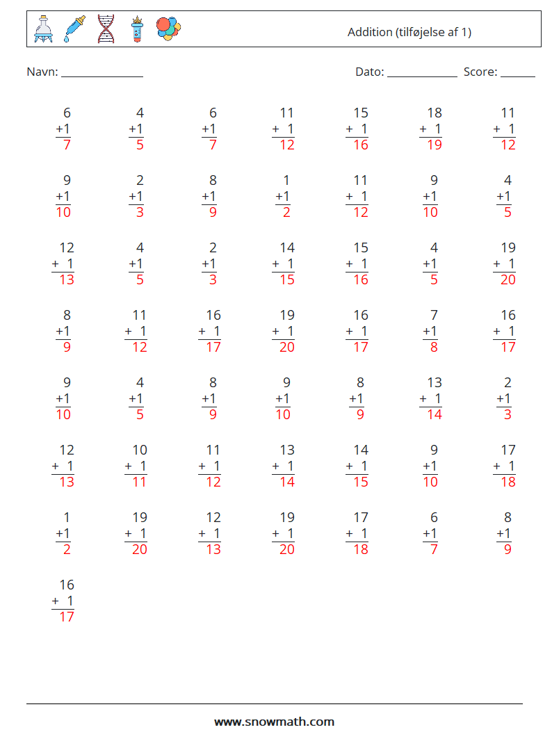 (50) Addition (tilføjelse af 1) Matematiske regneark 15 Spørgsmål, svar