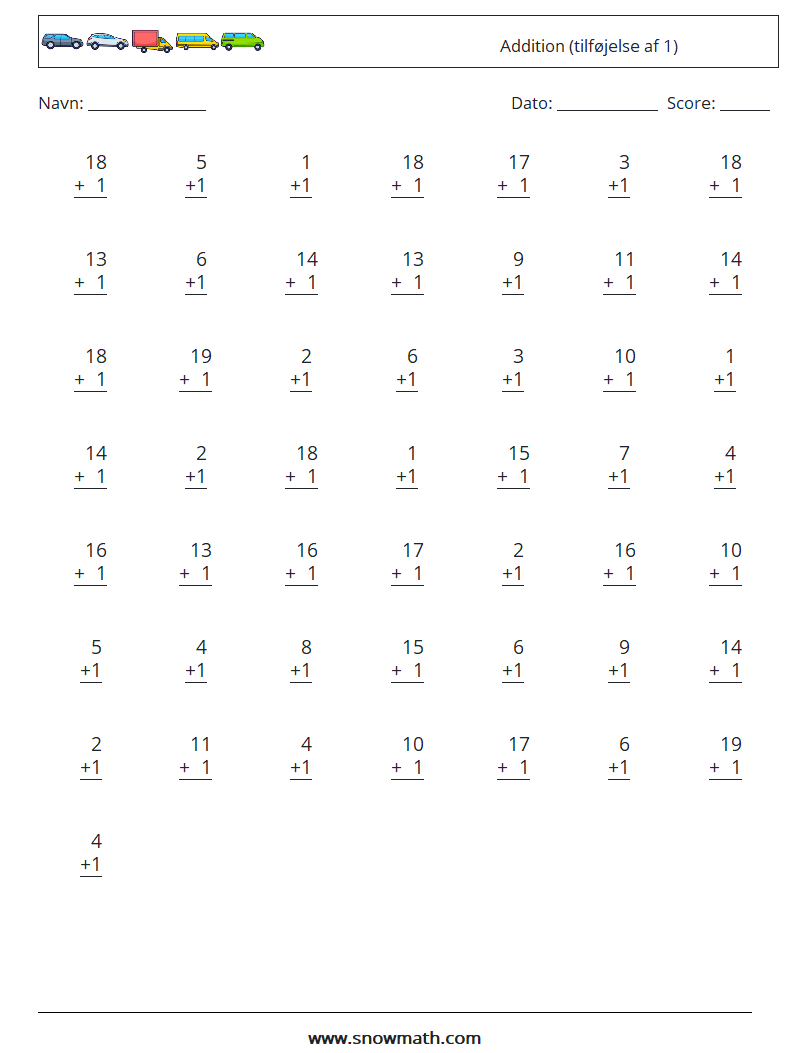 (50) Addition (tilføjelse af 1) Matematiske regneark 18