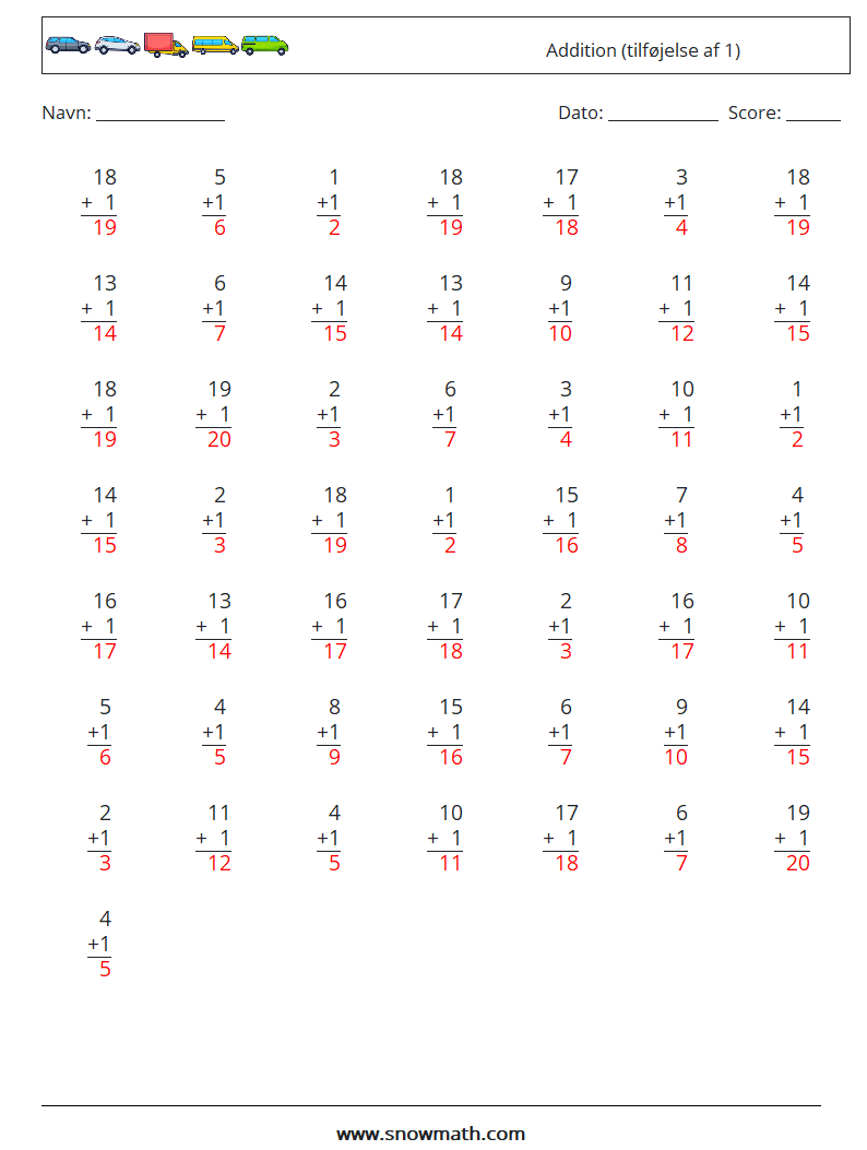 (50) Addition (tilføjelse af 1) Matematiske regneark 18 Spørgsmål, svar