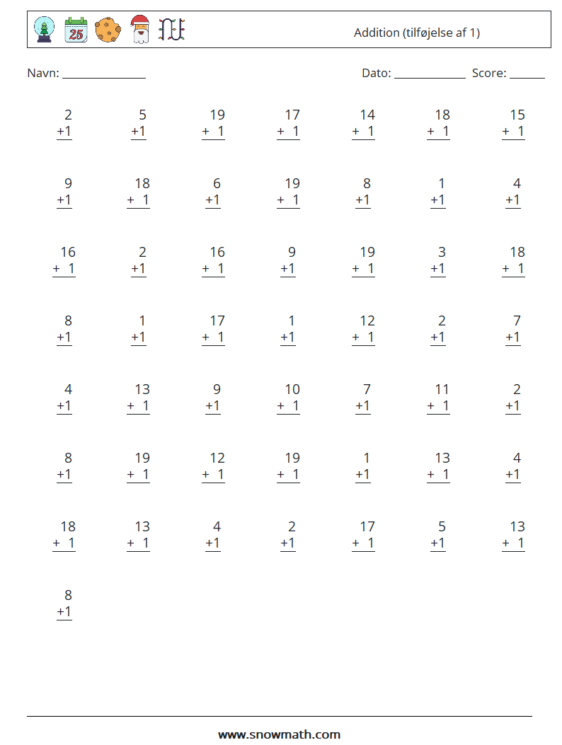 (50) Addition (tilføjelse af 1) Matematiske regneark 2