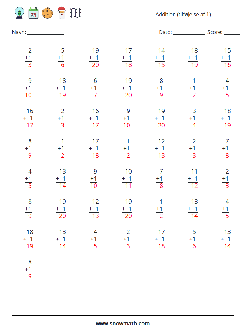 (50) Addition (tilføjelse af 1) Matematiske regneark 2 Spørgsmål, svar