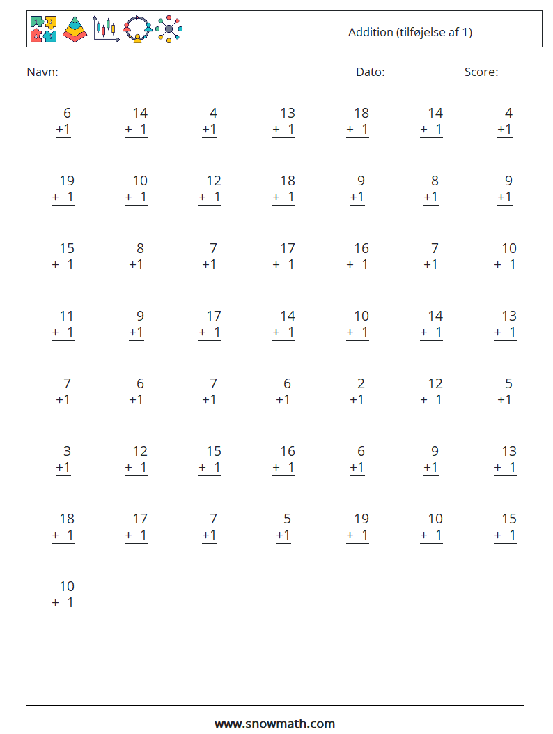 (50) Addition (tilføjelse af 1) Matematiske regneark 3