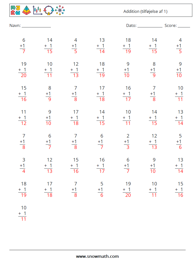 (50) Addition (tilføjelse af 1) Matematiske regneark 3 Spørgsmål, svar