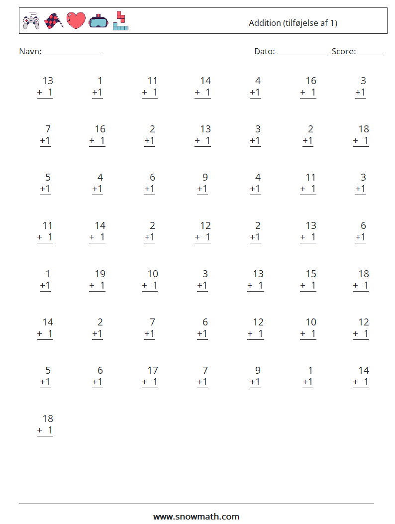 (50) Addition (tilføjelse af 1) Matematiske regneark 4